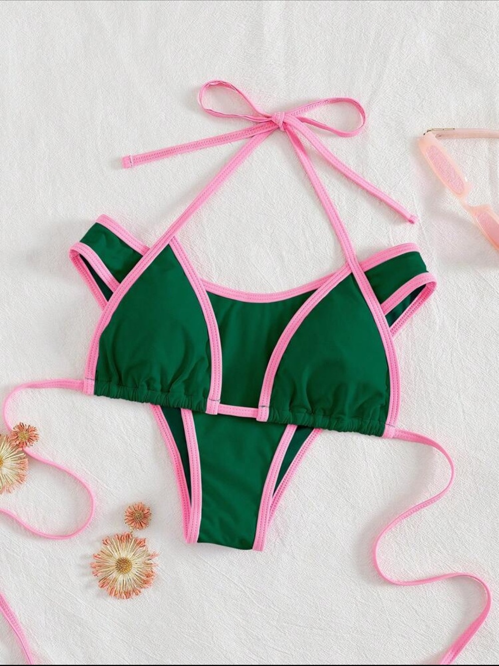 Green Bikini with Pink Trim Two-Piece Swimsuit